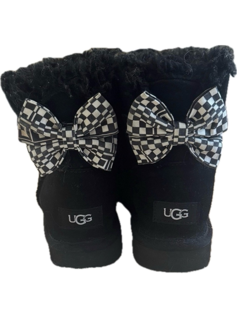 UGG 6.5 Kids Black Boots with Checkered Bows